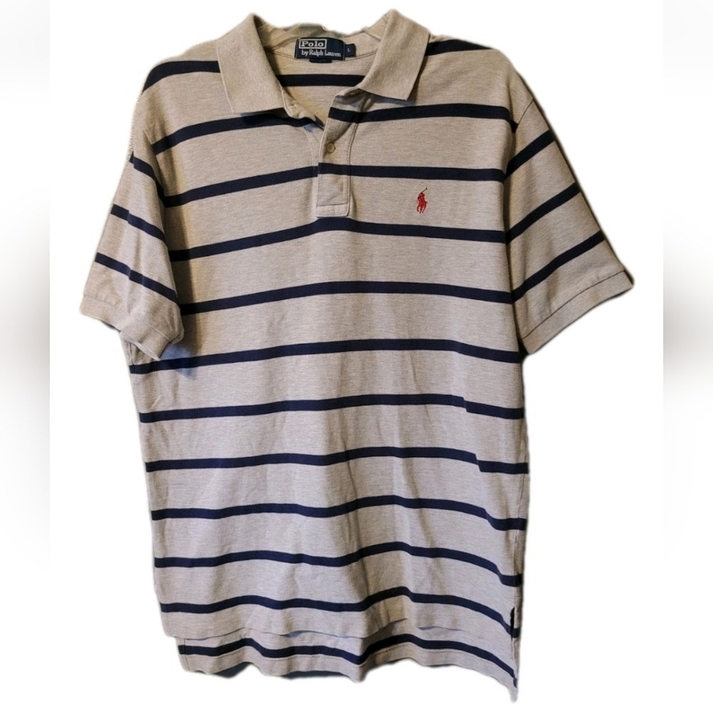 Polo Ralph Lauren Men's Shirt Large Short Sleeve Gray Navy Striped Preppy Modern